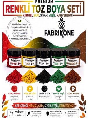 Fabrikone 5'li Set Premium Parafin Soya Wax Toz Mum Boyası Hobi Seti - 5 cc (Kırmızı, Sarı, Siyah, Yeşil, Kahverengi) BKFAB5KSRSYKH5G