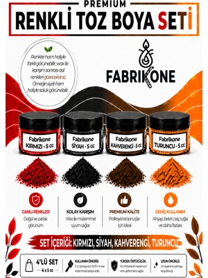 Fabrikone 4'lü Set Premium Parafin Soya Wax Toz Mum Boyası Hobi Seti - 5 cc (Kırmızı, Siyah, Kahverengi, Turuncu) BKFAB4KSKHT5G