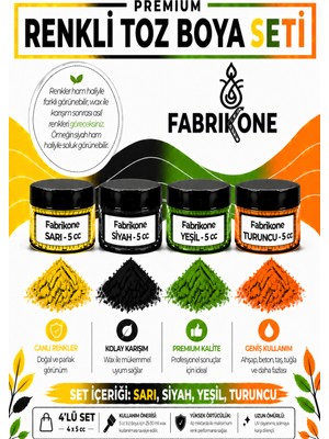 Fabrikone 4'lü Set Premium Parafin Soya Wax Toz Mum Boyası Hobi Seti - 5 cc (Sarı, Siyah, Yeşil, Turuncu) BKFAB4SRSYT5G