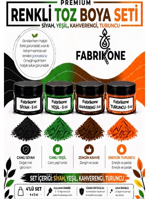 Fabrikone 4'lü Set Premium Parafin Soya Wax Toz Mum Boyası Hobi Seti - 5 cc (Siyah, Yeşil, Kahverengi, Turuncu) BKFAB4SYKHT5G