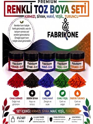 Fabrikone 5'li Set Premium Parafin Soya Wax Toz Mum Boyası Hobi Seti - 5 cc (Kırmızı, Siyah, Mavi, Yeşil, Turuncu) BKFAB5KSMYT5G