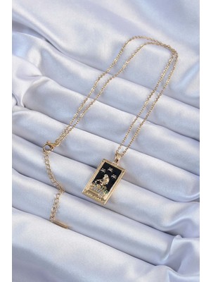 Youday Accessories 316L Çelik Zincir Altın Renk Zirkon Taşlı Siyah Mineli Kız Figürlü Tarot Kolye