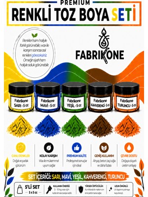 Fabrikone 5'li Set Premium Parafin Soya Wax Toz Mum Boyası Hobi Seti - 5 cc (Sarı, Mavi, Yeşil, Kahverengi, Turuncu) BKFAB5SRMYKHT5G