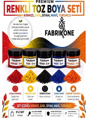 Fabrikone 5'li Set Premium Parafin Soya Wax Toz Mum Boyası Hobi Seti - 5 cc (Kırmızı, Sarı, Siyah, Mavi, Turuncu) BKFAB5KSRSMT5G