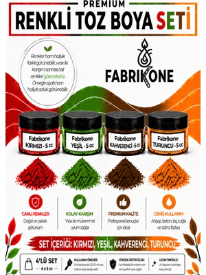 Fabrikone 4'lü Set Premium Parafin Soya Wax Toz Mum Boyası Hobi Seti - 5 cc (Kırmızı, Yeşil, Kahverengi, Turuncu) BKFAB4KYKHT5G