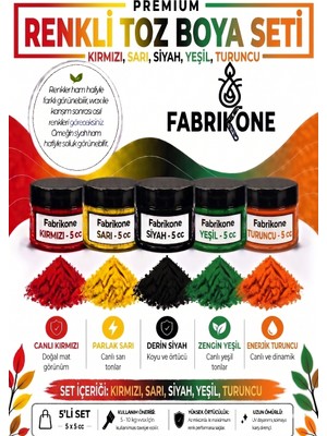 Fabrikone 5'li Set Premium Parafin Soya Wax Toz Mum Boyası Hobi Seti - 5 cc (Kırmızı, Sarı, Siyah, Yeşil, Turuncu) BKFAB5KSRSYT5G