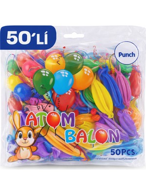 Bezos Renkli Atom Balon Punch Balon Lastik Ipli Parti Balonu 50 Adet