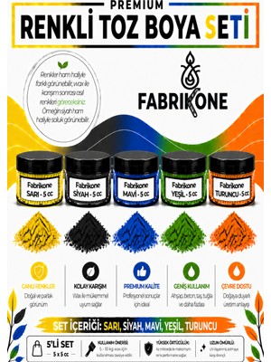 Fabrikone 5'li Set Premium Parafin Soya Wax Toz Mum Boyası Hobi Seti - 5 cc (Sarı, Siyah, Mavi, Yeşil, Turuncu) BKFAB5SRSMYT5G