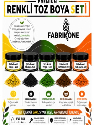 Fabrikone 5'li Set Premium Parafin Soya Wax Toz Mum Boyası Hobi Seti - 5 cc (Sarı, Siyah, Yeşil, Kahverengi, Turuncu) BKFAB5SRSYKHT5G