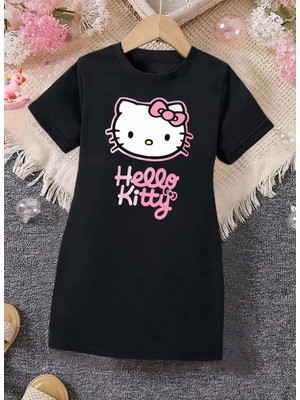 Nıgrum Pardus Özel Seri Pembe Kurdeleli Beyaz Kedi Baskılı %100 Pamuk Kısa Kollu Yazlık Kız Çocuk Spor Elbise