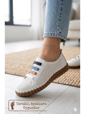 Shoemix Kadın Beyaz Hakiki Deri Delikli Anatomik Günlük Ayakkabı
