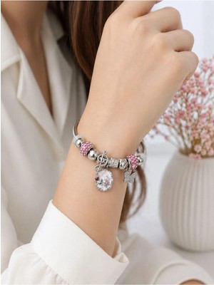 Modern Çelik Şık Pembe Taşlı Charm Kadın Bileklik