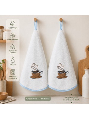 Vivesta Home %100 Pamuk Yuvarlak Mutfak Havlusu 50 cm – 2’li Set | Yüksek Emicilik, Askı Halkalı, Nakışlı Şık Tasarım, Makinede Yıkanabilir Kurulama Bezi
