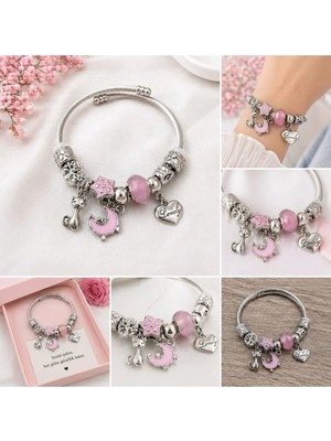 Modern Çelik Şık Lovely Moon Pembe Taşlı Charm Kadın Bileklik