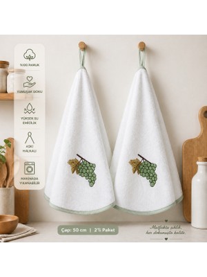 Vivesta Home %100 Pamuk Yuvarlak Mutfak Havlusu 50 cm – 2’li Set | Yüksek Emicilik, Askı Halkalı, Nakışlı Şık Tasarım, Makinede Yıkanabilir Kurulama Bezi