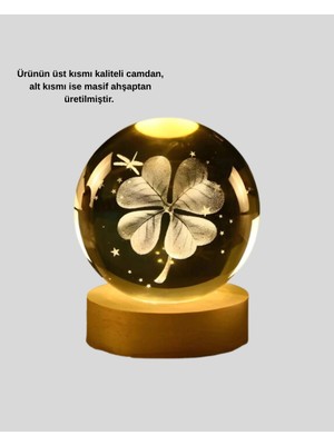 Senka Mey Ithalat® Yonca Bitki Figürlü LED Işıklı Cam Küre USB Ahşap Standlı Gece Lambası