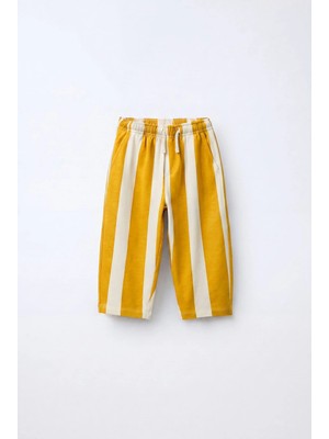 Magu Unisex Çocuk Pamuklu Sarı Ekru Çizgili Pantolon