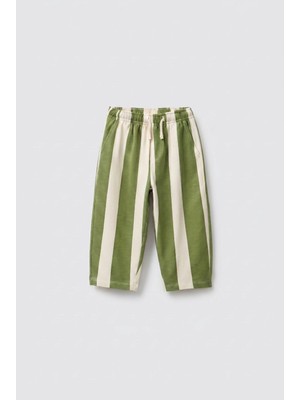 Magu Unisex Çocuk Pamuklu Yeşil Ekru Çizgili Pantolon