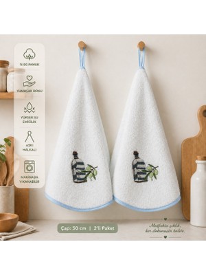Vivesta Home %100 Pamuk Yuvarlak Mutfak Havlusu 50 cm – 2’li Set | Yüksek Emicilik, Askı Halkalı, Nakışlı Şık Tasarım, Makinede Yıkanabilir Kurulama Bezi