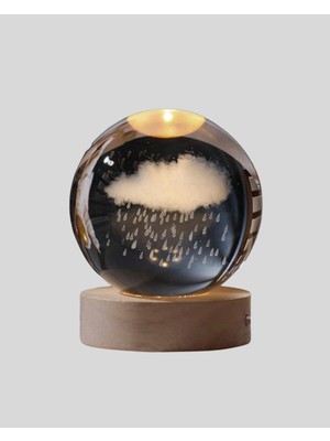 Senka Mey Ithalat® 8 cm 3D Yağmur Bulutu Kristal Küre LED Gece Lambası Ahşap Standlı Tasarım Lamba