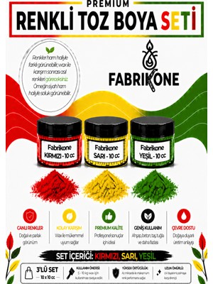 Fabrikone 3'lü Set Premium Parafin Soya Wax Toz Mum Boyası Hobi Seti - 10 cc (Kırmızı, Sarı, Yeşil) BKFAB3KSRY10G