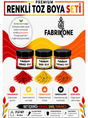 Fabrikone 3'lü Set Premium Parafin Soya Wax Toz Mum Boyası Hobi Seti - 10 cc (Kırmızı, Sarı, Turuncu) BKFAB3KSRT10G
