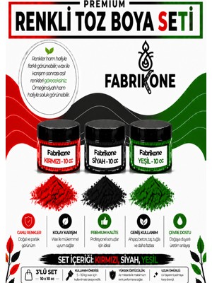 Fabrikone 3'lü Set Premium Parafin Soya Wax Toz Mum Boyası Hobi Seti - 10 cc (Kırmızı, Siyah, Yeşil) BKFAB3KSY10G