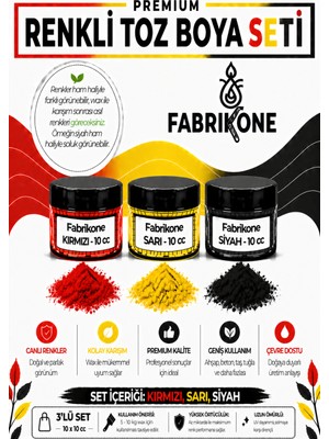 Fabrikone 3'lü Set Premium Parafin Soya Wax Toz Mum Boyası Hobi Seti - 10 cc (Kırmızı, Sarı, Siyah) BKFAB3KSRS10G