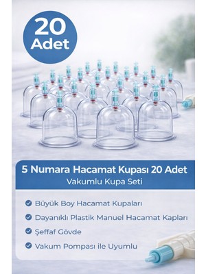 Renklime 5 Numara Hacamat Kupası 20 Adet Vakumlu Kupa Seti – Manuel Pompa Uyumlu Şeffaf Plastik Büyük Boy Hacamat Kabı