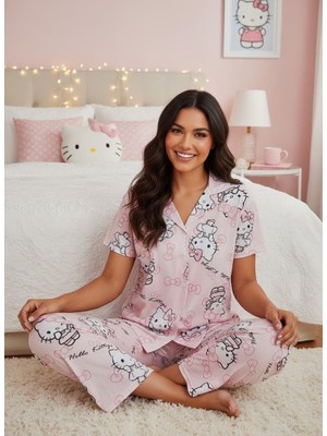 NiCe İç Giyim Sevimli Kedi Desen Pembe Renk Gömlek Yaka Kısa Kol Düğmeli Mevsimlik Ince Kumaş Kadın Pijama Takım