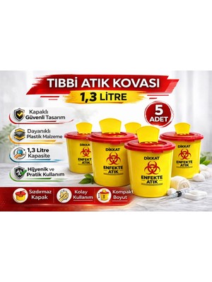 Renklime Tıbbi Atık Kovası 1,3 Litre 5 Adet Kapaklı Tıbbi Atık Kutusu Enfekte Atık Kovası Seti