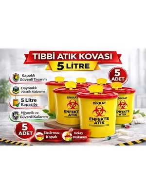Renklime Tıbbi Atık Kovası 5 Litre 5 Adet Kapaklı Tıbbi Atık Kutusu Enfekte Atık Kovası