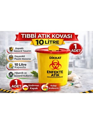 Renklime Tıbbi Atık Kovası 10 Litre 1 Adet Kapaklı Tıbbi Atık Kutusu Enfekte Atık Kovası