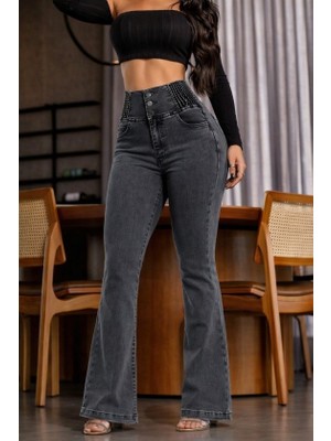 Beruflic Kadın Yüksek Bel Yanları Lastik Önü Düğmeli Kot Pantolon