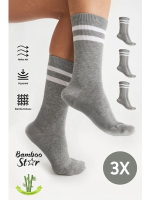 Bamboo Star Bambu Gri Tenis Çizgili Premium Kolej Çorabı Unisex Dikişsiz Soket Çorap 3'lü Paket