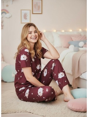NiCe İç Giyim Mürdüm Renk Sevimli Desen Gömlek Yaka Kısa Kol Düğmeli Mevsimlik Ince Kumaş Kadın Pijama Takım