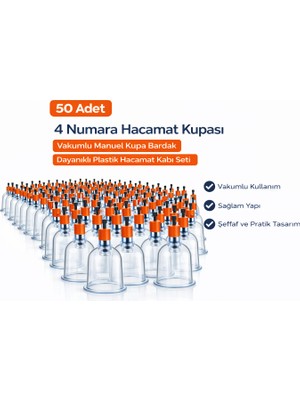Renklime 4 Numara Hacamat Kupası 50 Adet Vakumlu Manuel Kupa Bardak Dayanıklı Plastik Hacamat Kabı