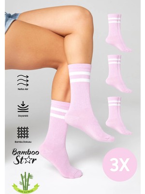Bamboo Star Toz Pembe  Bambu Tenis Çizgili Premium  Kolej Çorabı Unisex Dikişsiz Soket Çorap 3'lü Paket