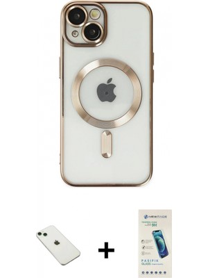 Marsilyan™- iPhone 14 Kılıf Nova Işık Özel Seri - Şeffaf Pasifik Cam Ekran Koruyucu + Yeşil Diamond Kamera Lens