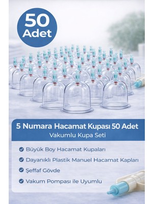 Renklime 5 Numara Hacamat Kupası 50 Adet Vakumlu Kupa Seti – Manuel Pompa Uyumlu Şeffaf Plastik Büyük Boy Hacamat Kabı