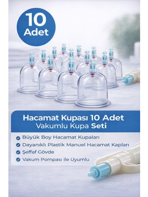 Renklime 5 Numara Hacamat Kupası 10 Adet Vakumlu Kupa Seti – Manuel Pompa Uyumlu Şeffaf Plastik Hacamat Kabı