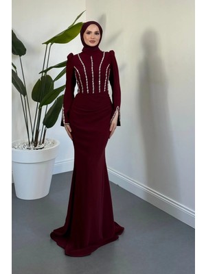 Merven Akyüz Shabira Taşlı Krep Balık Abiye Vişne Çürüğü