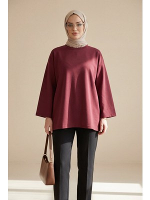 Moda Morfo Yuvarlak Yaka Salaş Penye Tunik  -Bordo