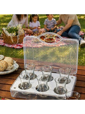 Multi Trendy 6'lı Çay Bardağı Taşıma Organizeri Kapaklı Piknik Bardak Taşıyıcı Kırılmaz Kutu