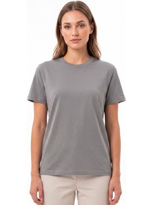 goffra Kadın Vision Bisiklet Yaka Premium Kalite Yoğun Dokulu Pamuklu T-Shirt Koyu Gri W101-R0220-04