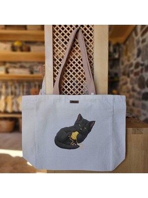 Bumudur Aksesuar Yeşil Gözlü Siyah Kedi ve Sarı Ip Black Cat Baskılı Naturel Kanvas Bez Çanta Açık Kahve Sap Beyaz Cırt Cırtlı Suluk Tutuculu - Büyük
