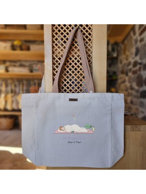 Bumudur Aksesuar Mutlu Yerim Yoga ve Uyku Baskılı Naturel Kanvas Bez Çanta Açık Kahve Sap Beyaz Cırt Cırtlı Suluk Tutuculu - Büyük