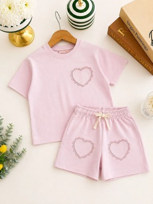 Magu Kız Çocuk Pamuklu Lila Kalp Cepli T-Shirt Şort Takım