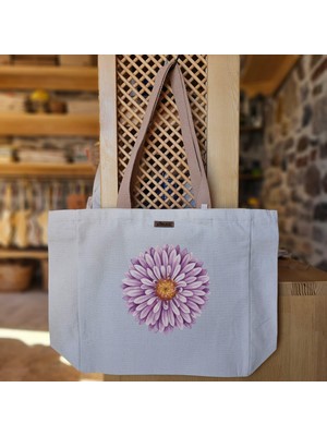 Bumudur Aksesuar Mor Çiçek Detayı Flower Detail Baskılı Naturel Kanvas Bez Çanta Açık Kahve Sap Beyaz Cırt Cırtlı Suluk Tutuculu - Büyük