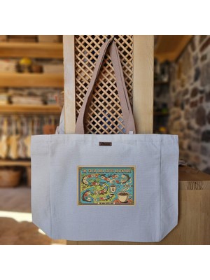 Bumudur Aksesuar Kahve Macerası Haritası Büyük Dada Baskılı Naturel Kanvas Bez Çanta Açık Sap Beyaz Cırt Cırtlı Suluk Tutuculu - Büyük